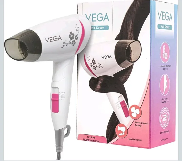 VEGA 1200-1400 Watts Go Style Foldable Hair Dryer for Women with Detachable Nozzle, Heat & Cool Setting, Quick Dry, Overheat Cut-Off, Suitable for All Hair Types, (VHDH-18), Blue
