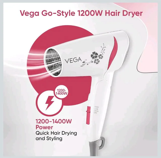 VEGA 1200-1400 Watts Go Style Foldable Hair Dryer for Women with Detachable Nozzle, Heat & Cool Setting, Quick Dry, Overheat Cut-Off, Suitable for All Hair Types, (VHDH-18), Blue