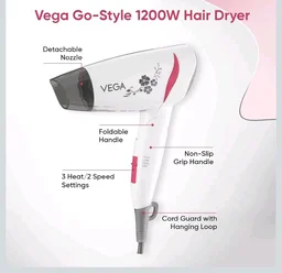 VEGA 1200-1400 Watts Go Style Foldable Hair Dryer for Women with Detachable Nozzle, Heat & Cool Setting, Quick Dry, Overheat Cut-Off, Suitable for All Hair Types, (VHDH-18), Blue