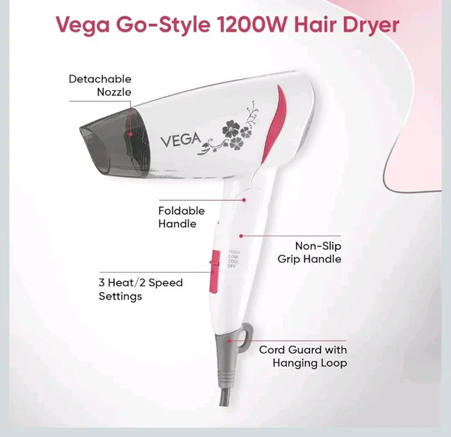 VEGA 1200-1400 Watts Go Style Foldable Hair Dryer for Women with Detachable Nozzle, Heat & Cool Setting, Quick Dry, Overheat Cut-Off, Suitable for All Hair Types, (VHDH-18), Blue
