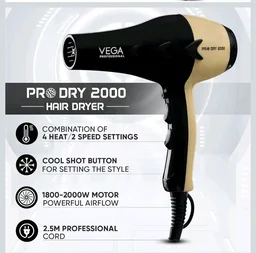 VEGA PROFESSIONAL Pro Dry 2000W Hair Dryer for Women & Men | Professional Blow Dryer with Cool Shot Button & Combination of 4 Heat & 2 Speed Settings, 16 Amp Plug | Salon Use & Home Use (VPVHD-0