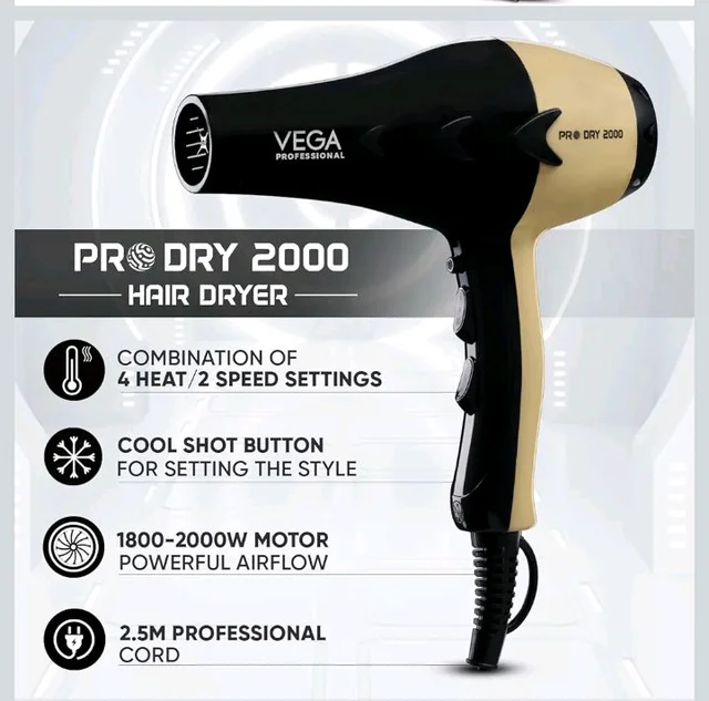 VEGA PROFESSIONAL Pro Dry 2000W Hair Dryer for Women & Men | Professional Blow Dryer with Cool Shot Button & Combination of 4 Heat & 2 Speed Settings, 16 Amp Plug | Salon Use & Home Use (VPVHD-0