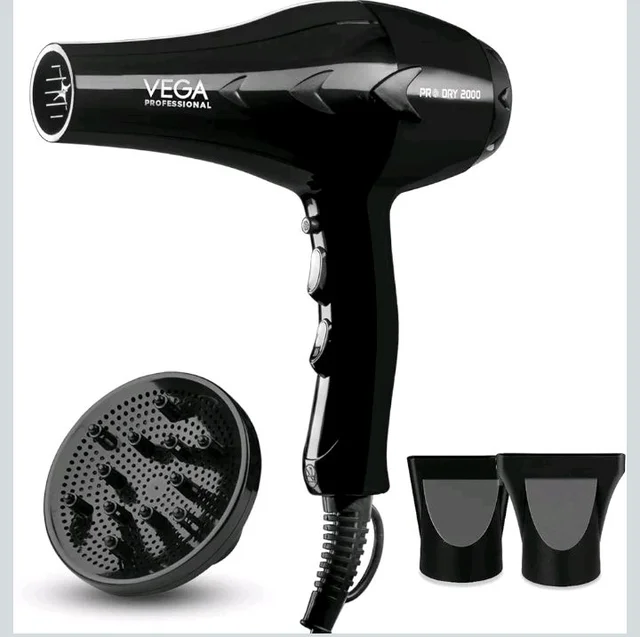 VEGA PROFESSIONAL Pro Dry 2000W Hair Dryer for Women & Men | Professional Blow Dryer with Diffuser, Nozzle, Cool Shot Button & 4 Heat & 2 Speed Settings, 16 Amp Plug, Salon Use & Home Use (VPVH