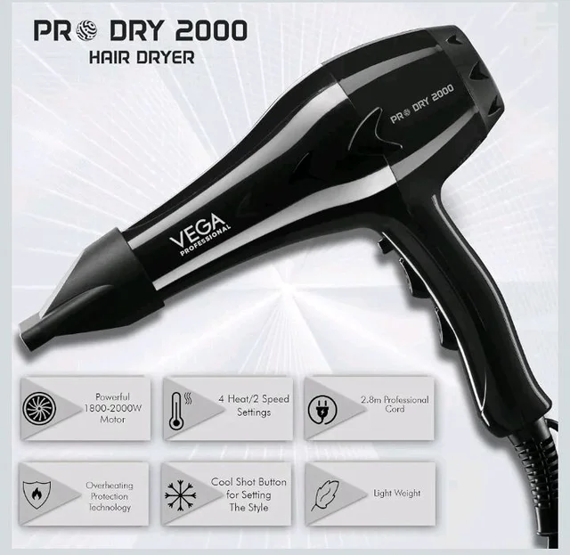 VEGA PROFESSIONAL Pro Dry 2000W Hair Dryer for Women & Men | Professional Blow Dryer with Diffuser, Nozzle, Cool Shot Button & 4 Heat & 2 Speed Settings, 16 Amp Plug, Salon Use & Home Use (VPVH