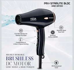 VEGA PROFESSIONAL Pro Starlite BLDC 2600W Hair Dryer for Women & Men | Professional Blow Dryer with Combination of 4 Heat & 2 Speed Modes, 16 Amp Plug Fa