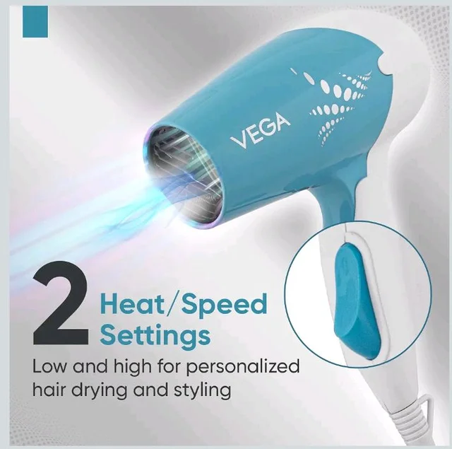 Vega Insta Glam Foldable 1000 Watts Hair Dryer for Men and Women with 2 Heat & Speed Settings, Detachable Nozzle, Automatic Overheat Cut-out, VHDH-29, (Made in India)
