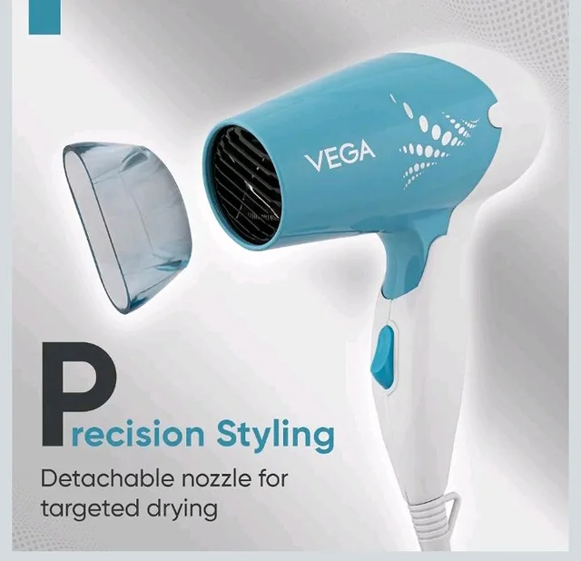 Vega Insta Glam Foldable 1000 Watts Hair Dryer for Men and Women with 2 Heat & Speed Settings, Detachable Nozzle, Automatic Overheat Cut-out, VHDH-29, (Made in India)