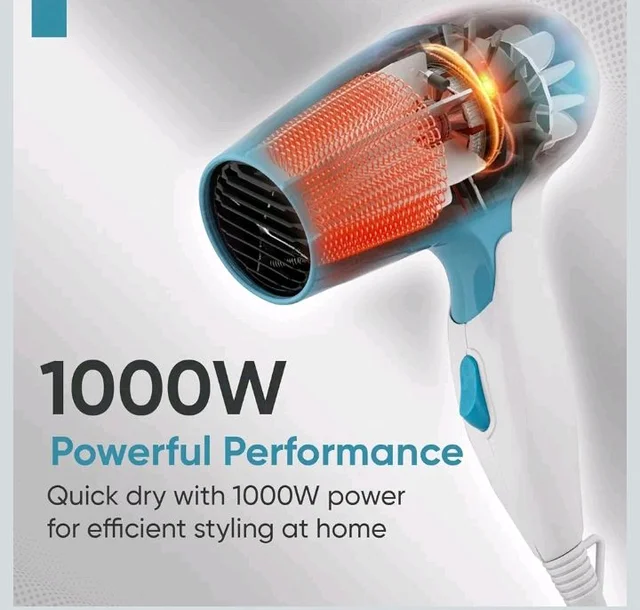 Vega Insta Glam Foldable 1000 Watts Hair Dryer for Men and Women with 2 Heat & Speed Settings, Detachable Nozzle, Automatic Overheat Cut-out, VHDH-29, (Made in India)
