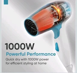 Vega Insta Glam Foldable 1000 Watts Hair Dryer for Men and Women with 2 Heat & Speed Settings, Detachable Nozzle, Automatic Overheat Cut-out, VHDH-29, (Made in India)