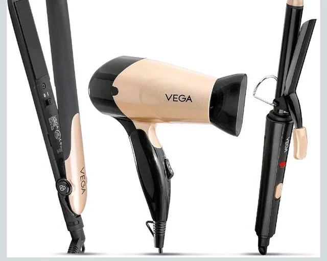 Vega Miss Versatile Styling Set Straightener, Curler & Dryer Gift Combo for Women, 1000W Hair Dryer with 2 Head/Speed Setting, Hair Straightener & Curler Comes with Ceramic Coated, (VHSS-03), Black