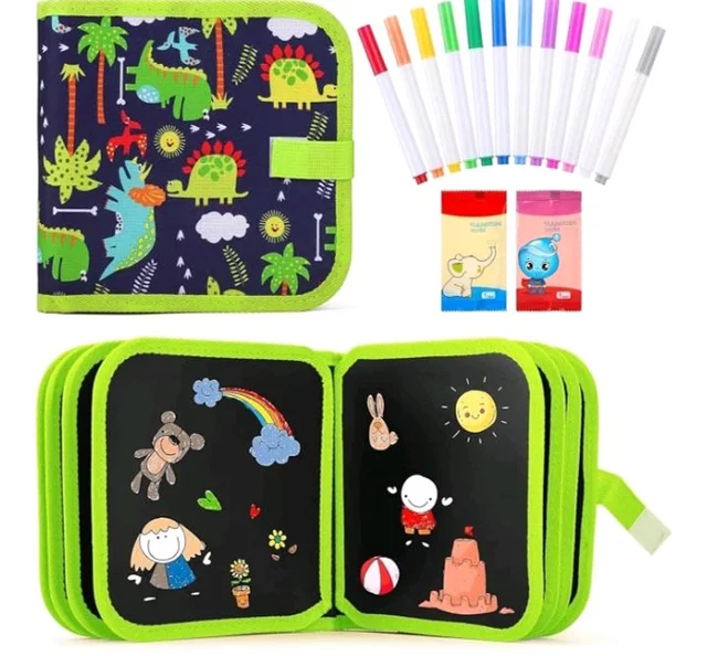 AMENDAS Erasable Doodle Book Set for Kids, Reusable Magic Drawing Book with Watercolor Pens, Road Trip Car Game Writing and Painting Set for Boys and Girls