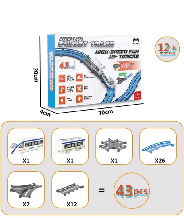 Mirana Vande Bharat Bullet Train Toy Set for Kids, Basic 43 pcs
Multiple Railway Track Layout, AAA Battery Operated, Boys & Girls 1+ Years, Made in India