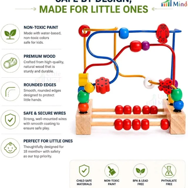 LITTLEMIND Wooden Bead Maze Activity Toy for Kids 18 Months+ | Montessori Wire Bead Maze with Built-in Abacus Counting Frame | Fine Motor Skills, Hand-Eye Coordination & Early Learning Toy
