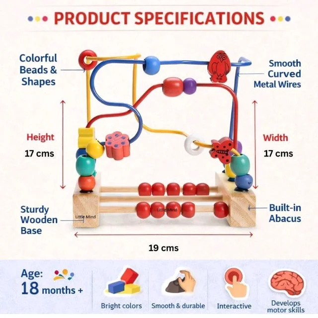 LITTLEMIND Wooden Bead Maze Activity Toy for Kids 18 Months+ | Montessori Wire Bead Maze with Built-in Abacus Counting Frame | Fine Motor Skills, Hand-Eye Coordination & Early Learning Toy