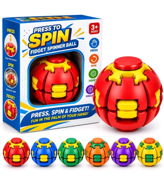 Kids Aura Toy’s Press to Spin Fidget Spinner Ball, 360 Rotating Gyroscopic Stress Relief Ball Toy for Kids and Adults, Pocket Size Handheld Desk Spinner