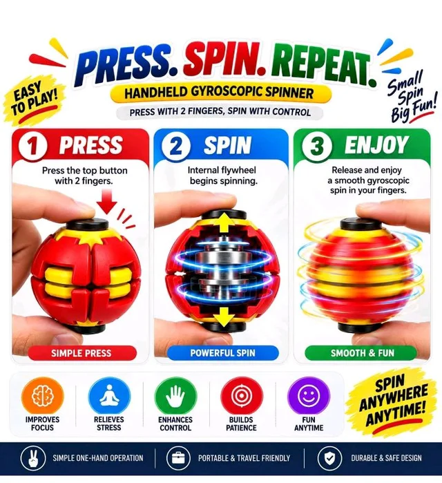 Kids Aura Toy’s Press to Spin Fidget Spinner Ball, 360 Rotating Gyroscopic Stress Relief Ball Toy for Kids and Adults, Pocket Size Handheld Desk Spinner
