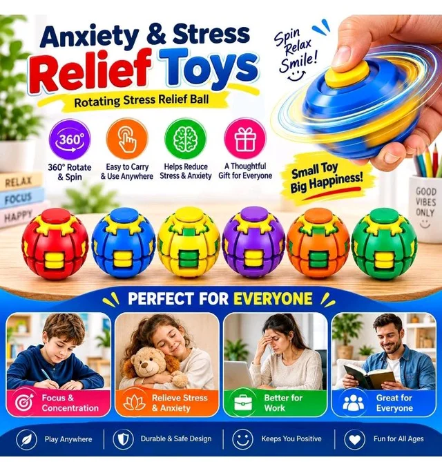 Kids Aura Toy’s Press to Spin Fidget Spinner Ball, 360 Rotating Gyroscopic Stress Relief Ball Toy for Kids and Adults, Pocket Size Handheld Desk Spinner