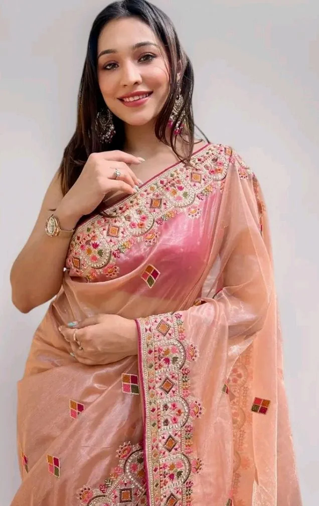 MUNIR Women's Silver Tissue Silk Beautiful Ethnic Saree With Unstiched Blouse Piece For Festival And Function.