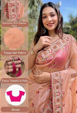 MUNIR Women's Silver Tissue Silk Beautiful Ethnic Saree With Unstiched Blouse Piece For Festival And Function.