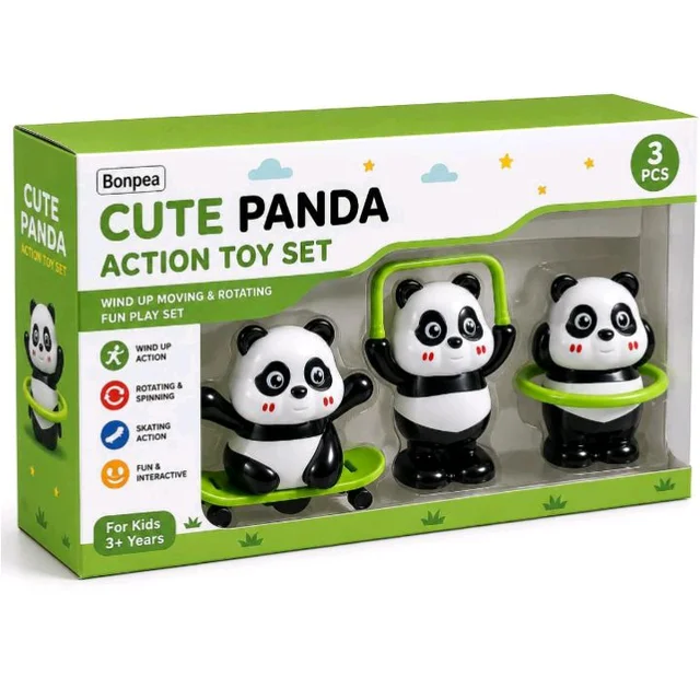 Cute Panda Action Toy Set for Kids – Wind Up Moving & Rotating Panda Toys with Skating, Spinning & Jumping Action | Interactive Play Figures | Educational Toy Gift for Boys & Girls (3PCS)