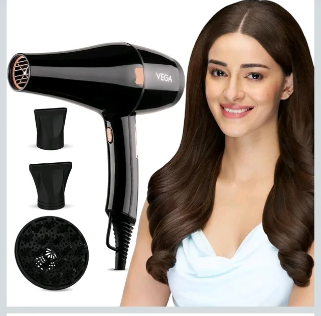 Vega Pro-Xpert 2200W Professional Hair Dryer for Women with 2 Speed/3 Heat Settings, Cool Shot Button, Diffuser & 2 Detachable Nozzles, Travel Friendly, (VHDP-03), 2000 Watts, Black