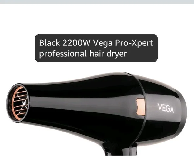 Vega Pro-Xpert 2200W Professional Hair Dryer for Women with 2 Speed/3 Heat Settings, Cool Shot Button, Diffuser & 2 Detachable Nozzles, Travel Friendly, (VHDP-03), 2000 Watts, Black