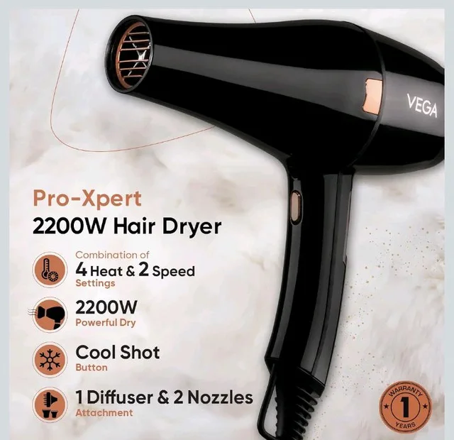 Vega Pro-Xpert 2200W Professional Hair Dryer for Women with 2 Speed/3 Heat Settings, Cool Shot Button, Diffuser & 2 Detachable Nozzles, Travel Friendly, (VHDP-03), 2000 Watts, Black