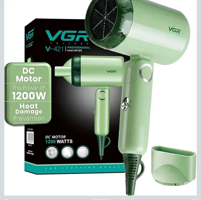 VGR V-421 Foldable Hair Dryer - 1200 Watts, 2 Speed Settings, Dc Motor For Long-Lasting Performance, Overheating Protection, Ergonomic Design For Comfortable Use (Green)
