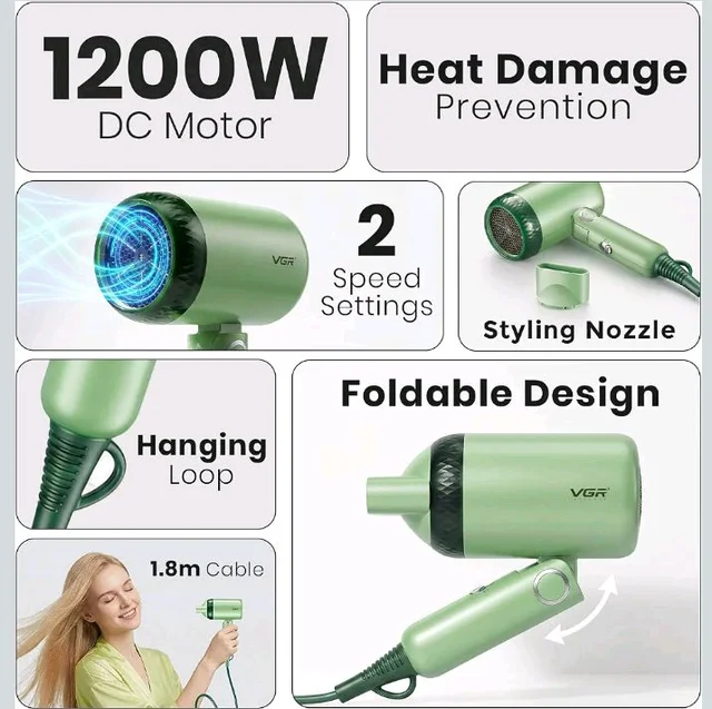 VGR V-421 Foldable Hair Dryer - 1200 Watts, 2 Speed Settings, Dc Motor For Long-Lasting Performance, Overheating Protection, Ergonomic Design For Comfortable Use (Green)