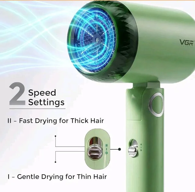 VGR V-421 Foldable Hair Dryer - 1200 Watts, 2 Speed Settings, Dc Motor For Long-Lasting Performance, Overheating Protection, Ergonomic Design For Comfortable Use (Green)