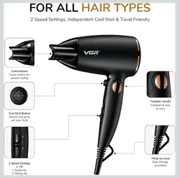 VGR V-439 Foldable Hair Dryer for Men & Women with 1600W DC Motor, 2 Speed Settings, Cool Shot Function, 1.8m Cable, Ideal for Salon and Home Use, 2 Years Warranty (Black)