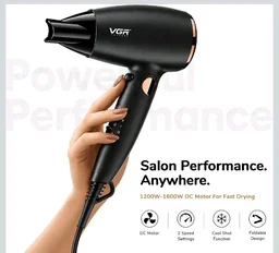 VGR V-439 Foldable Hair Dryer for Men & Women with 1600W DC Motor, 2 Speed Settings, Cool Shot Function, 1.8m Cable, Ideal for Salon and Home Use, 2 Years Warranty (Black)