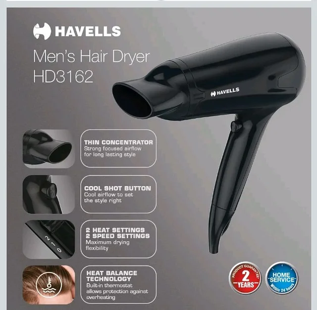 Havells HD3162 Men's 1565 Watts Powerful Hair Dryer with Thin Concentrator and Cool Shot Button; Heat Balance Technology (Black)