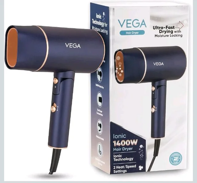 Vega Ionic 1200-1400W Foldable Hair Dryer for Men and Women, Quick & Fast Drying with Ionic Technology & 2 Heat/Speed Settings (Low & High), Cool Shot Button, Detachable Nozzle, Blow Dryer (VHDH-35)