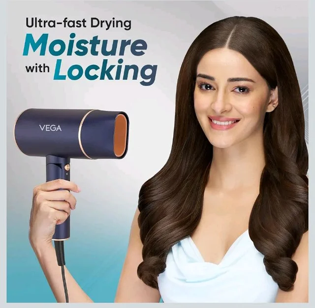 Vega Ionic 1200-1400W Foldable Hair Dryer for Men and Women, Quick & Fast Drying with Ionic Technology & 2 Heat/Speed Settings (Low & High), Cool Shot Button, Detachable Nozzle, Blow Dryer (VHDH-35)