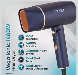 Vega Ionic 1200-1400W Foldable Hair Dryer for Men and Women, Quick & Fast Drying with Ionic Technology & 2 Heat/Speed Settings (Low & High), Cool Shot Button, Detachable Nozzle, Blow Dryer (VHDH-35)