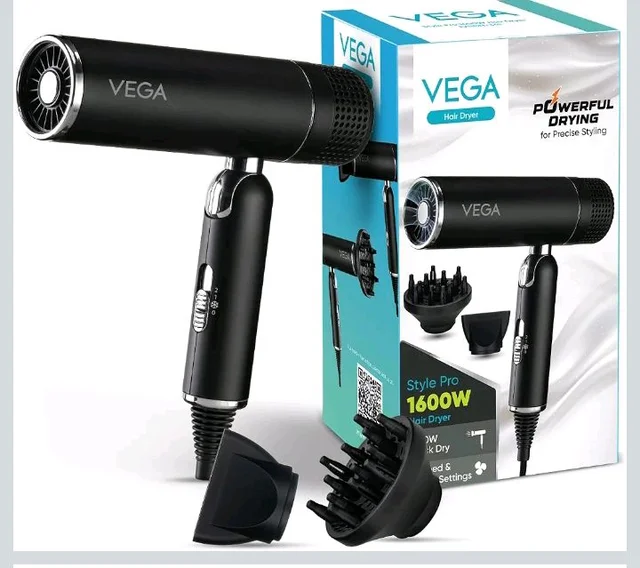 VEGA Style Pro 1600W Foldable Hair Dryer with 2X Faster Drying, 3 Heat and 2 Speed Settings, 16 Amp Plug Concentrator Nozzle & Diffuser, Hair Dryer for Men and Women, 2 Year Warranty (VHDH-34)