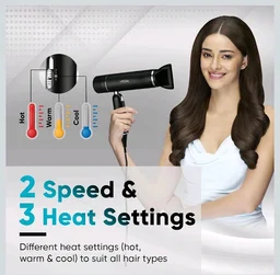 VEGA Style Pro 1600W Foldable Hair Dryer with 2X Faster Drying, 3 Heat and 2 Speed Settings, 16 Amp Plug Concentrator Nozzle & Diffuser, Hair Dryer for Men and Women, 2 Year Warranty (VHDH-34)