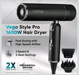VEGA Style Pro 1600W Foldable Hair Dryer with 2X Faster Drying, 3 Heat and 2 Speed Settings, 16 Amp Plug Concentrator Nozzle & Diffuser, Hair Dryer for Men and Women, 2 Year Warranty (VHDH-34)