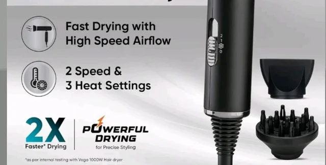 VEGA Style Pro 1600W Foldable Hair Dryer with 2X Faster Drying, 3 Heat and 2 Speed Settings, 16 Amp Plug Concentrator Nozzle & Diffuser, Hair Dryer for Men and Women, 2 Year Warranty (VHDH-34)