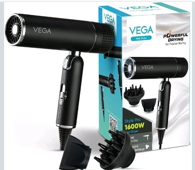 VEGA Style Pro 1600W Foldable Hair Dryer with 2X Faster Drying, 3 Heat and 2 Speed Settings, 16 Amp Plug Concentrator Nozzle & Diffuser, Hair Dryer for Men and Women, 2 Year Warranty (VHDH-34)