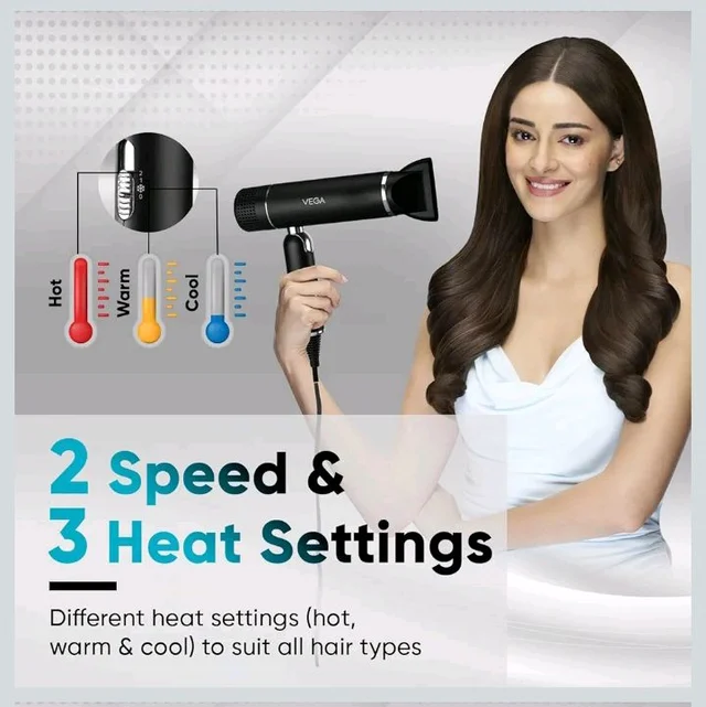 VEGA Style Pro 1600W Foldable Hair Dryer with 2X Faster Drying, 3 Heat and 2 Speed Settings, 16 Amp Plug Concentrator Nozzle & Diffuser, Hair Dryer for Men and Women, 2 Year Warranty (VHDH-34)