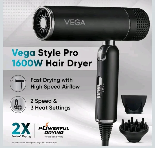 VEGA Style Pro 1600W Foldable Hair Dryer with 2X Faster Drying, 3 Heat and 2 Speed Settings, 16 Amp Plug Concentrator Nozzle & Diffuser, Hair Dryer for Men and Women, 2 Year Warranty (VHDH-34)