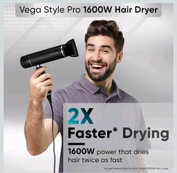 VEGA Style Pro 1600W Foldable Hair Dryer with 2X Faster Drying, 3 Heat and 2 Speed Settings, 16 Amp Plug Concentrator Nozzle & Diffuser, Hair Dryer for Men and Women, 2 Year Warranty (VHDH-34)