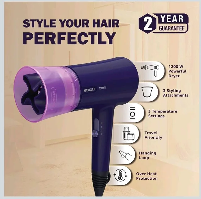 Havells Styling Hair Dryer|Vortex Flow Technology|3 Styling Attachments| ScalpSafe Swirl (Patent Applied)|Aerofocus Nozzle|Quill-Style Comb|Styling with Care|2 years Guarantee|