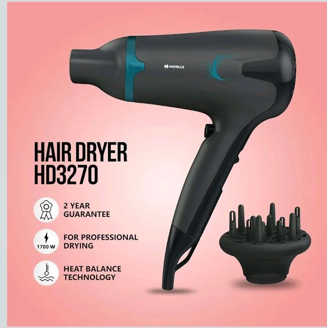 Havells HD3270 2-in-1 1700 Watts Hair Dryer with Diffuser and Thin Concentrator - Black