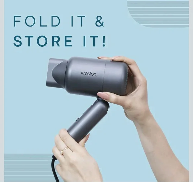 WINSTON Ionic Foldable Hair Dryer - 1400W | Compact, Foldable, and Damage-Free Drying Blow Dryer with Low Noise & Overheat Protection - 1 Year Warranty (Grey)