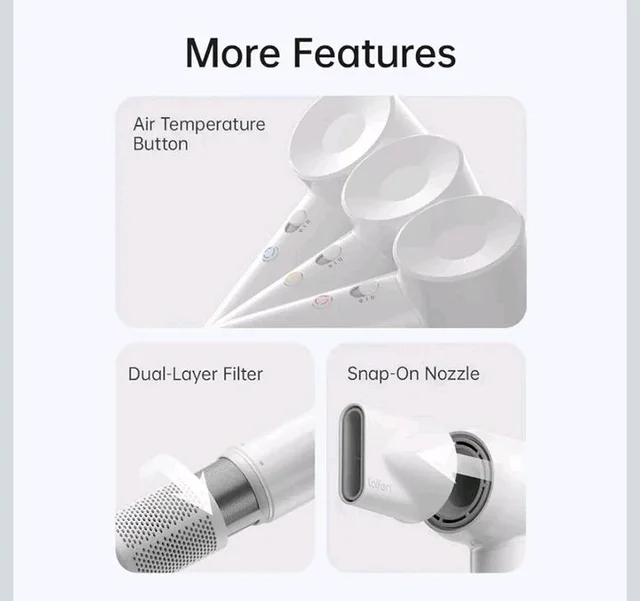 Laifen Hair Dryer SE Lite White, 150 Million Negative Ionic Blow Dryer With 100,000 RPM Brushless Motor, 1400 Watt Powerful Fast Drying High-Speed Low Noise Hairdryer, Lightweight and Compact Design