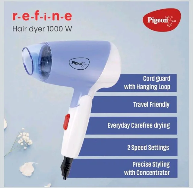 Pigeon Hair Dryer| 1000 Watts| 2 Speed & Temperature (Hot/Cool)| Foldable Handle| For Women and Men| 2 Years Warranty| Blue