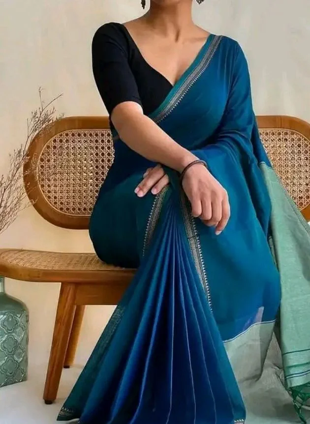 Blue Ombre Saree with Silver Border, Cotton Blend, Traditional Indian Ethnic Wear